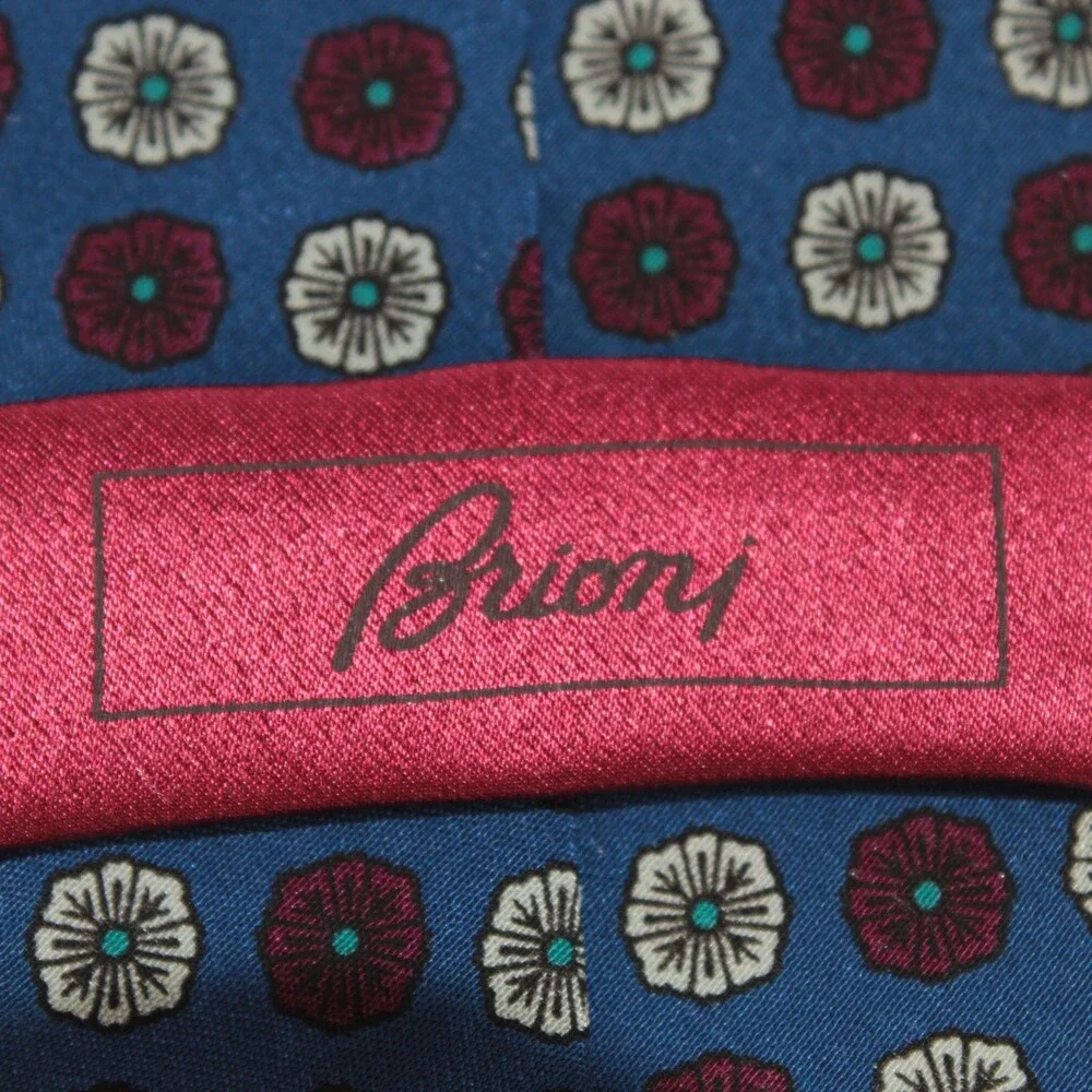 Brioni NWOT Neck Tie in Blue with Cream & Red Geometric Floral Print 100% Silk